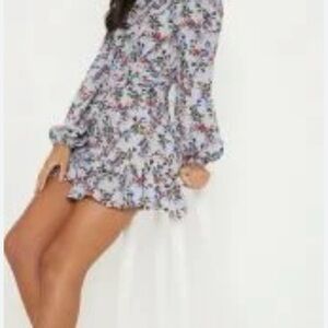 PrettyLittleThing White Floral Long Sleeve Ruffle Mini Dress Sz 6